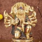 Brass Superfine Panchmukhi Hanuman Statue 10" | Intricate Stonework | Handcrafted Divine Presence | 7.5" Width, 5" Depth | Spiritual Home & Office Decor